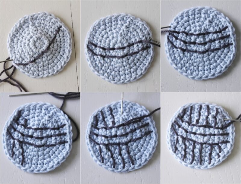 A collage of six images shows step-by-step embroidery stitches on a round, light blue crocheted piece, creating linear patterns with dark gray thread. Perfect for adding detail to your Cat Crochet Project Bag Pattern.