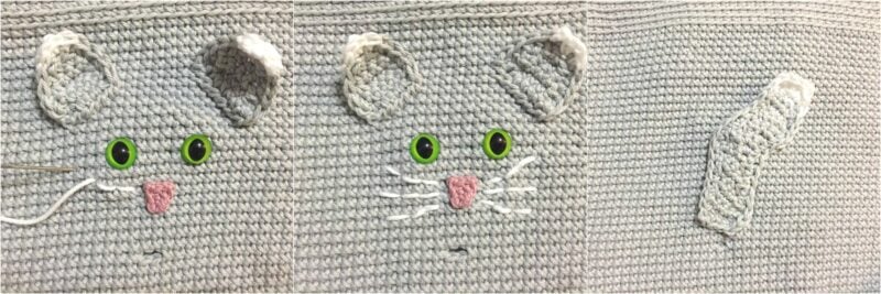 Three-panel progression showing a crochet gray cat's face being stitched with added ears, eyes, whiskers, and nose, followed by a detached tail next to the face—perfect for your next Cat Crochet Project Bag Pattern.