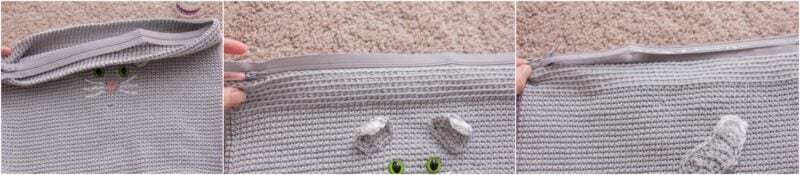 Gray crocheted bag featuring green cat eyes and a nose design. This charming Cat Crochet Project Bag Pattern includes a zipper being unzipped by a person’s hands in the sequence from left to right. Beige carpet in the background adds a cozy touch.