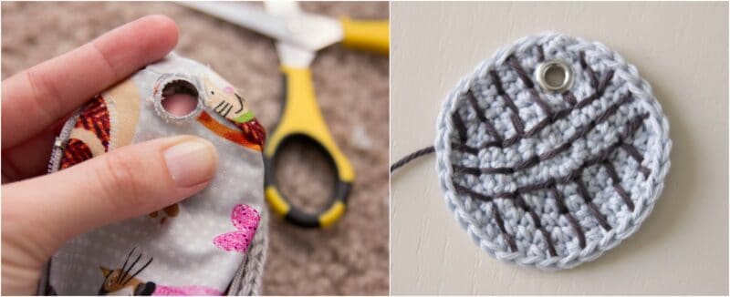 Left: A hand holding fabric with a hole, and scissors in the background. Right: A round crocheted piece with a metal ring at the edge, ideal for incorporating into your next cat crochet project bag pattern.