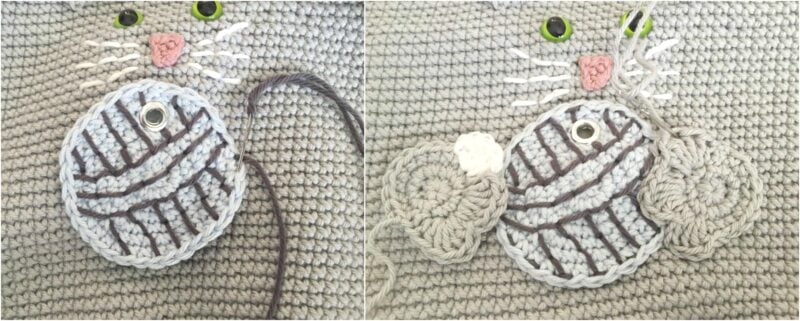 Two images of a crocheted cat motif with a ball of yarn. The left image shows the ball partly done, while the right image displays additional elements being added to the design, hinting at a charming cat crochet project bag pattern in progress.