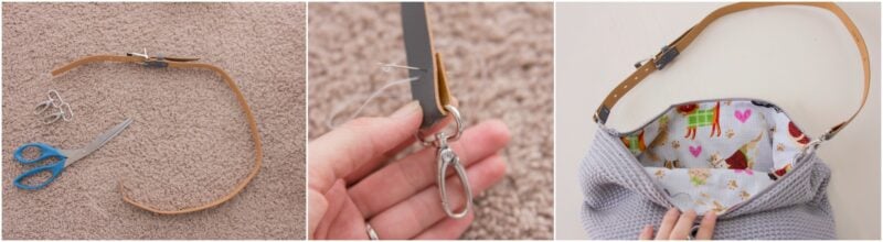 Three-step process to make a bag strap from a belt: 1) scissors, belt, keyring clip. 2) sewing the clip onto the belt. 3) attach the finished strap to your Cat Crochet Project Bag with a printed fabric lining.