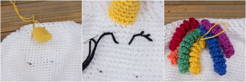 Three side-by-side images showing steps in knitting a unicorn: adding a yellow horn, stitching black eyes, and attaching a multicolored mane to a white crochet base. Keep your supplies organized in your crochet project bag for an efficient crafting experience.