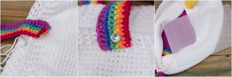 Close-up images of a white crocheted item with rainbow trim, a clear button, and a piece of plastic canvas attached inside. The crochet project bag is placed on a wooden surface.