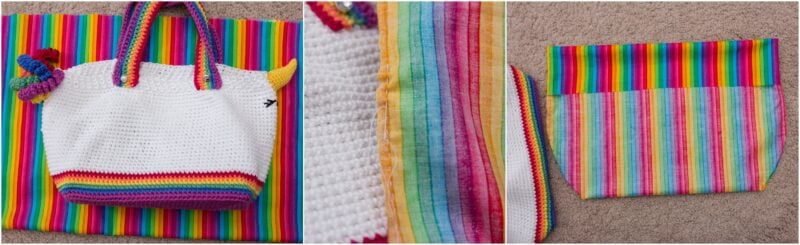 Colorful handmade crochet project bag with rainbow stripes, a matching fabric lining, and white exterior. This crochet project bag features handles, a spacious interior, and a bird keychain for decoration.