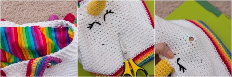 Close-up series showing the repair of a crocheted unicorn blanket with rainbow-colored fabric. First, the edge is prepped, then scissors are used, and finally, the repaired section is shown. Keep your tools organized in a crochet project bag to make such repairs even easier.