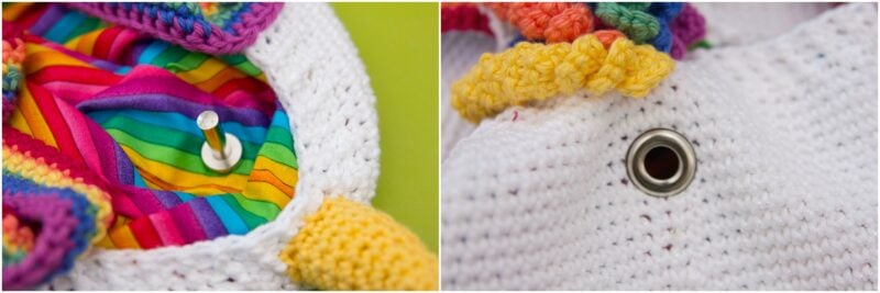 Close-up images of a crocheted project bag featuring rainbow-colored fabric lining and a metal snap closure.
