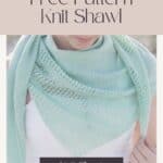 Advertisement for a free knit pattern on a light summer shawl, featuring a close-up of a woman wearing a light green shawl with lace details.