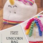 A crocheted unicorn bag with a rainbow mane and horn is displayed. Text on the image reads, "Free Unicorn Crochet Project Bag Pattern, Easy Crochet.