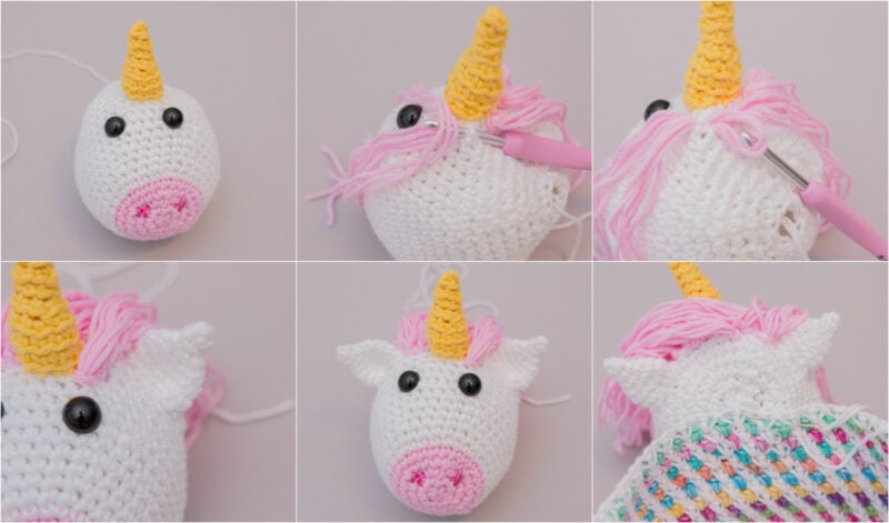 A series of photos demonstrating the process of crocheting a unicorn.