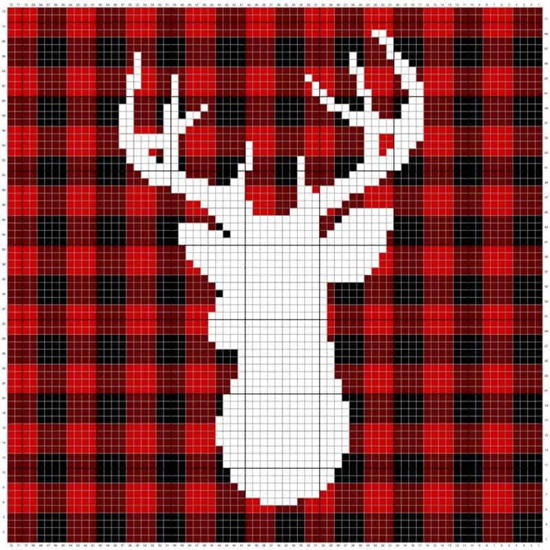 Pixelated art of a white stag silhouette with large antlers on a red and black farmhouse plaid background.