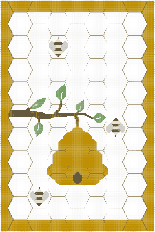 Cross-stitch pattern featuring a beehive on a blanket with leaves and bees against a honeycomb background.