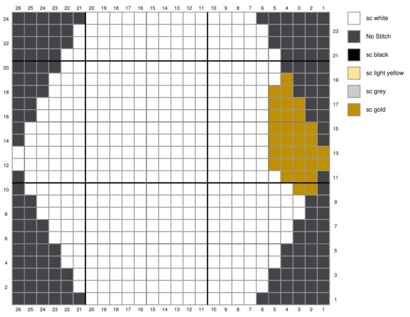 A partially completed crossword puzzle with color-coded squares indicating different stitch types for a crafting Bee Blanket project.