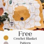 A crochet Bee and Sunflower blanket draped over a chair, advertised with a free pattern and chart.