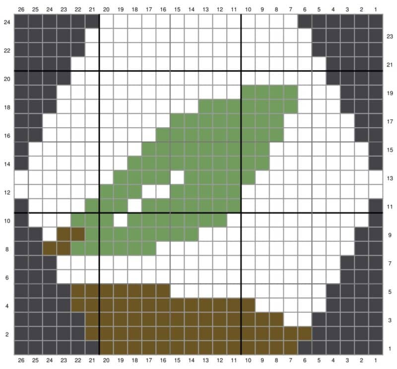 A pixel art design of a brown and green blanket on a grid with numbered axes.