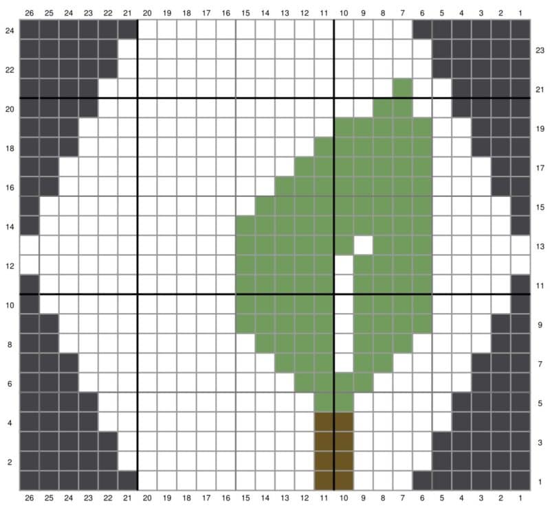 A pixelated representation of a tree on a grid background, with a bee hovering nearby.
