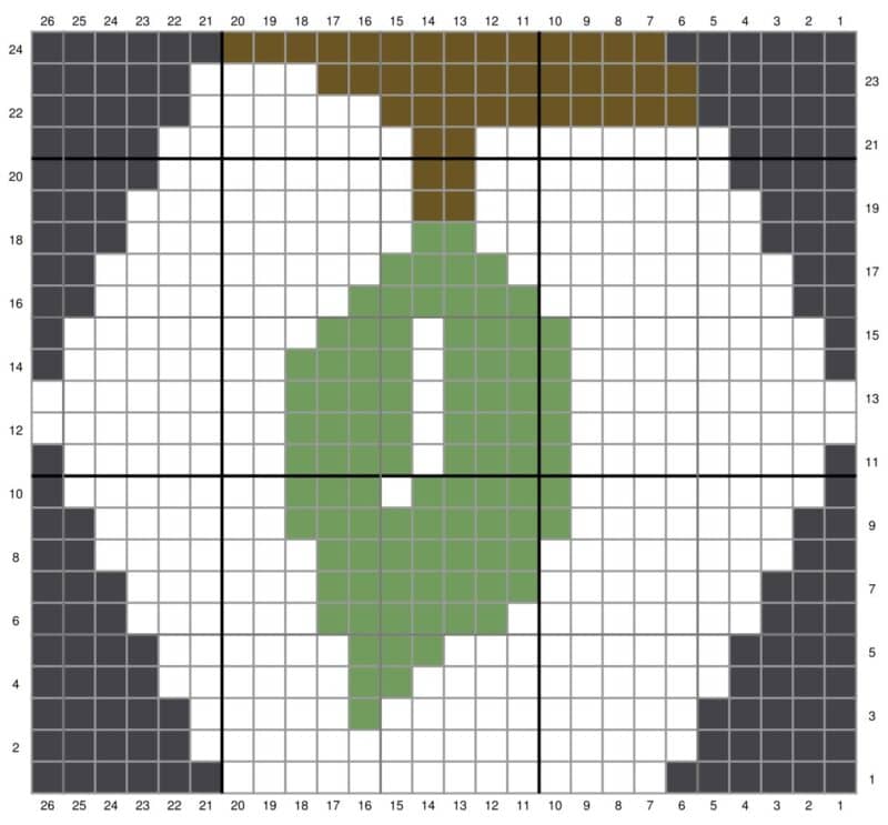 A pixelated image resembling a tree displayed on a grid with numbered axes and a bee.