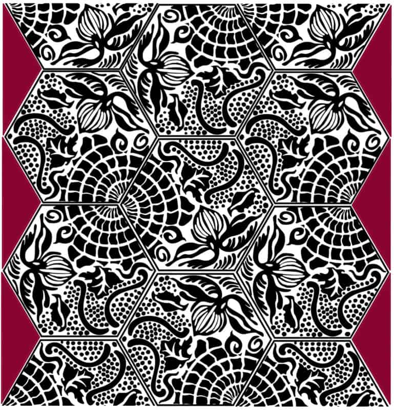 The Gaudi Sidewalk Blanket features a black and white floral and geometric pattern on a purple background.