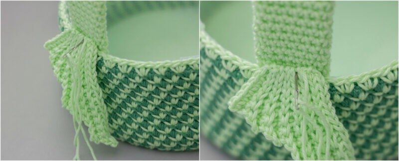 Two pictures of a green woven basket with tassels, featuring a Dragon Easter Basket design.