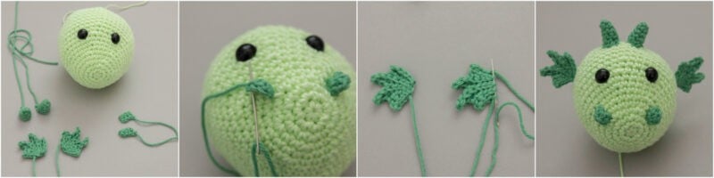 Four pictures of a crocheted dragon, an adorable and unique stuffed animal perfect for Easter basket surprises.