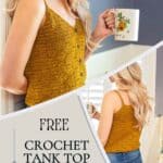 A woman with blonde hair holding a mug, showcasing a mustard honeycomb crochet tank top, with text offering a free crochet pattern.