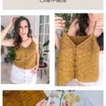 Promotional image for a "How to Honeycomb Crochet" pattern featuring a free honeycomb tank one-piece, shown worn by a woman and in close-up views of the crochet details.