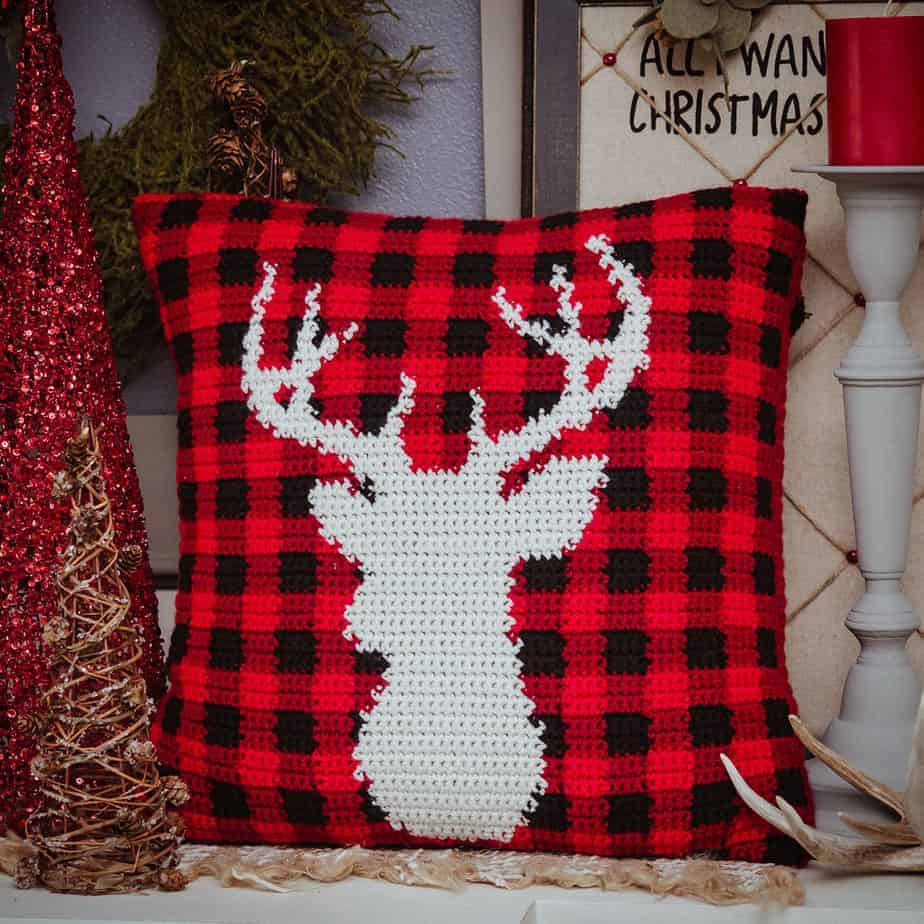 Farmhouse Plaid Deer Crochet Pillow Cover