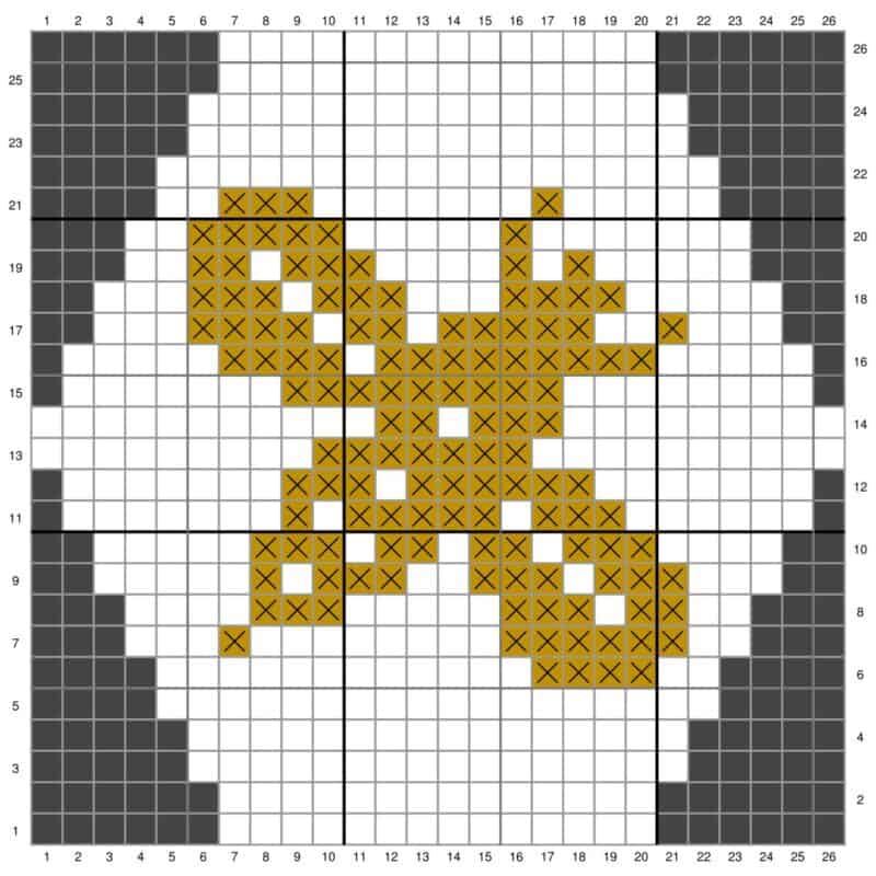 A nonogram puzzle partially solved, with some cells filled in black or marked with x's to denote empty cells, is inspired by the pattern of The Honey Bee Blanket.
