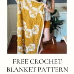 Woman showcasing The Honey Bee Blanket with a handmade crochet cross-stitch pattern.