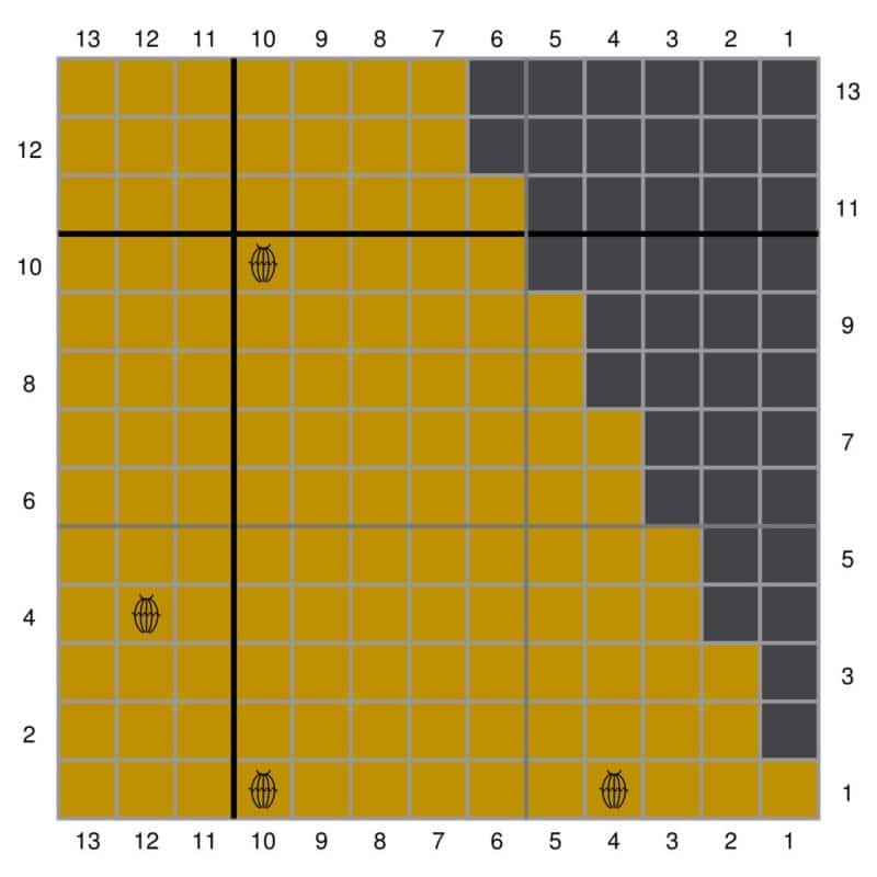 A 13x13 grid with alternating yellow and grey squares, intersected by a bold black line, and three basketball icons distributed across The Honey Bee Blanket.