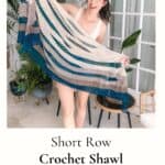 Person holding a crochet shawl with blue and beige stripes. Text reads "Fisherman's Wharf Crochet Shawl Free Pattern" and "Step-by-Step Video Tutorial".