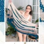A person holding a Fisherman’s Wharf Crochet Shawl with blue and cream stripes is advertising a video tutorial for making a short row shawl, complete with a free pattern available.