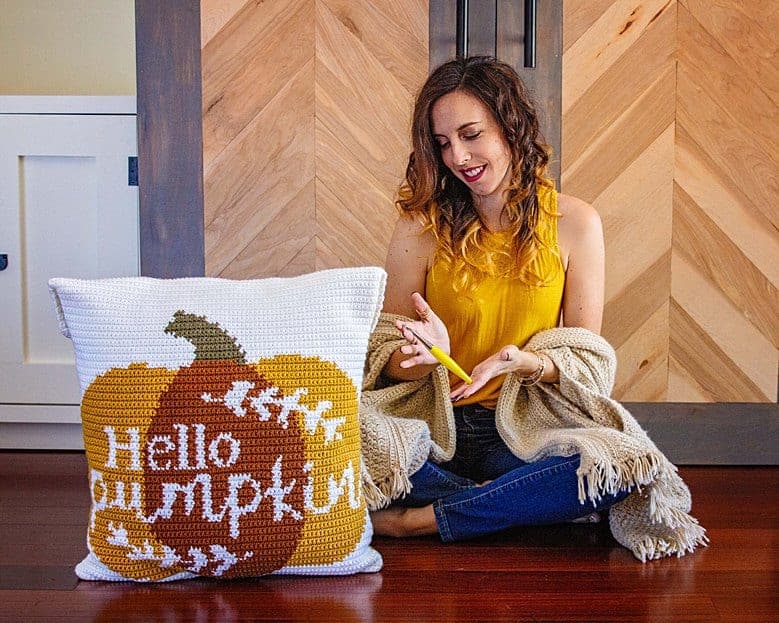hello pumpkin crochet pillow
