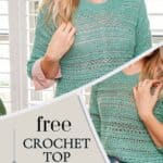 Woman smiling and adjusting her sagebrush Lindy Chain Sweater, next to promotional text for a free crochet pattern and video tutorial.