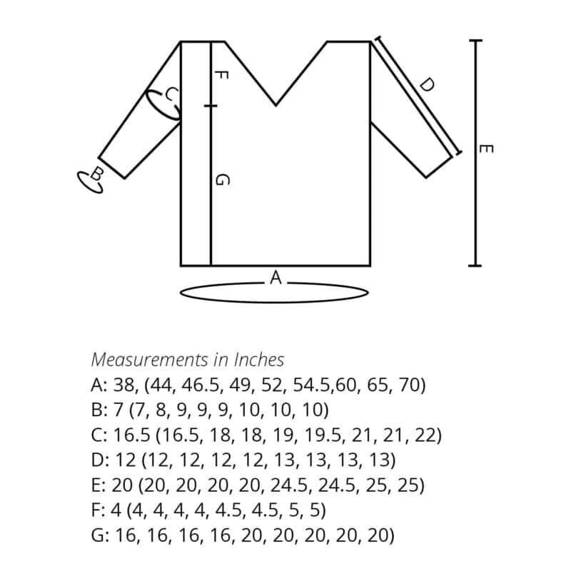 Technical drawing of a Sagebrush Lindy Chain Sweater with measurements labeled, accompanied by a table of corresponding numerical data for various sizes.