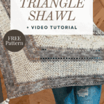 Person holding a crocheted triangle shawl in neutral colors; text reads "Easy Hawthorne Tonal Crochet Shawl + Video Tutorial, Free Pattern, brianakdesigns.com.
