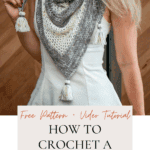 A woman wears a Hawthorne Tonal Crochet Shawl with tassels over a sleeveless dress. Text overlay reads: "How to Crochet a Beginner Triangle Shawl.