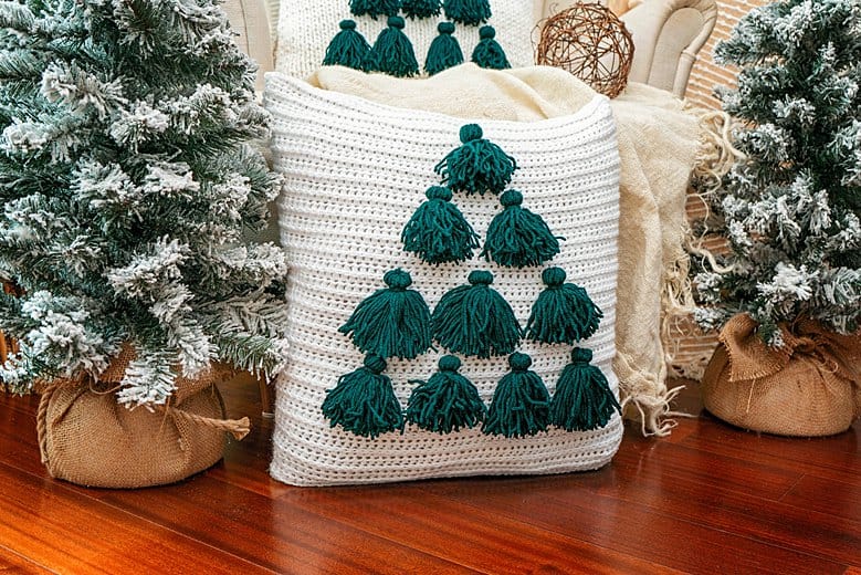Crochet Pillow Free Pattern with Yarn Tassels Tree