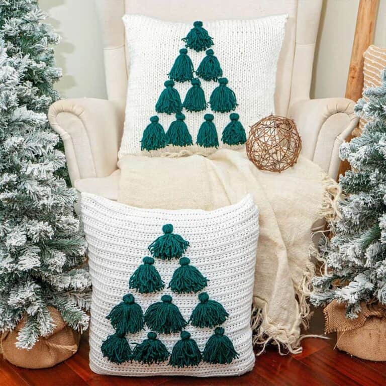 Tree Tassel Knit & Crochet Pillow Free Pattern