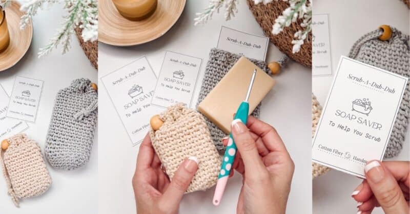 Hands holding a beige crocheted soap saver containing a bar of soap, with a product tag that reads "Scrub-A-Dub-Dub, Soap Saver to Help You Scrub." A teal crochet hook and a gray Soap Saver Crochet Bag are nearby.
