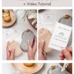 Collage of images showing a gray and beige soap saver crochet bag. Includes a printed pattern, video tutorial mention, cotton yarn balls, and crochet hooks on a wooden plate and white tablecloth.