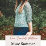 A smiling woman showcasing a Crochet Summer Top, with text overlay presenting it as a free crochet pattern with a video tutorial.