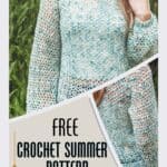 Woman wearing a handmade crochet summer top with a promotional caption for a free crochet pattern and video tutorial.