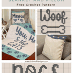 Cat Dog Crochet Blanket and Pillow set features "You, Me, & the Cats," "Woof," and "Meow" designs, with charming dog bone and paw print motifs, beautifully displayed on a chair for cozy decor.