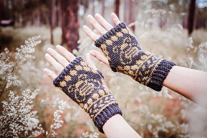 a pair of black and yellow mittens on a womans hands next to white flowers with a pine background