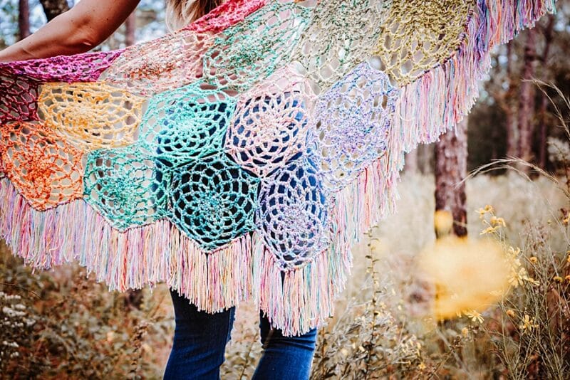 Colorful stash buster crochet butterfly shawl