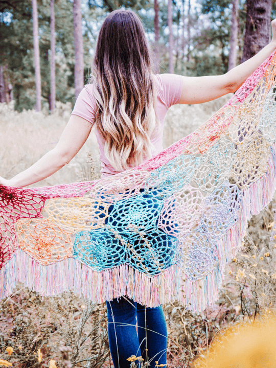 Colorful stash buster crochet butterfly shawl