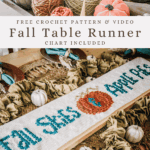 Yarn, crochet hook, and pumpkins displayed with a finished Crochet Table Runner reading "Fall Stays Awhile" on a decorated fall-themed table.