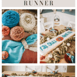 A cozy crochet table runner featuring "All Skies & Apple Pies," surrounded by autumn decor, yarn, and a teal napkin with a pumpkin-shaped napkin ring—perfect for your fall gatherings.