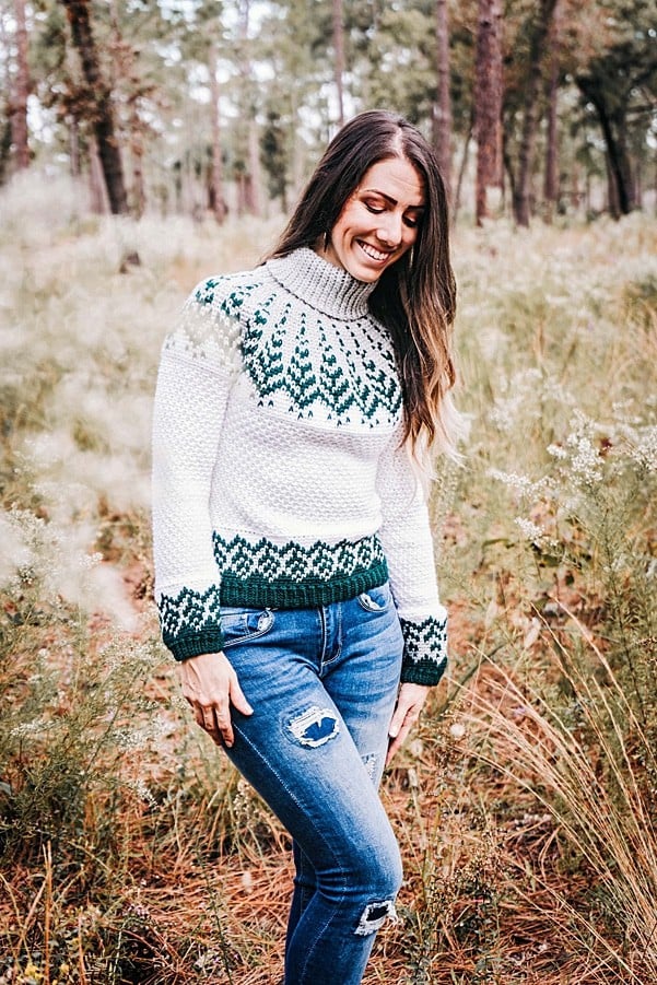 Crochet Colorwork Sweater on Woman in a Field